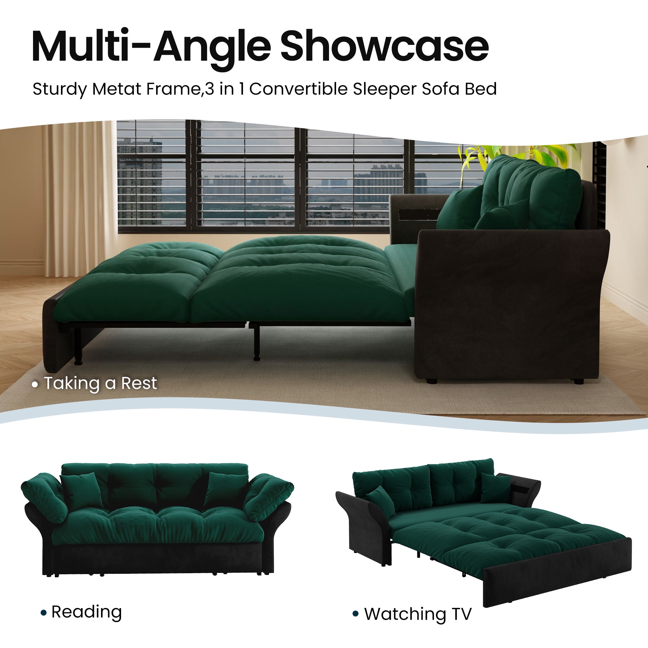 Aukfa 74.8" Queen Pull Out Sofa Bed, Convertible Loveseat Sleeper Sofa Couch with 2 Pillows, Tufted, Green