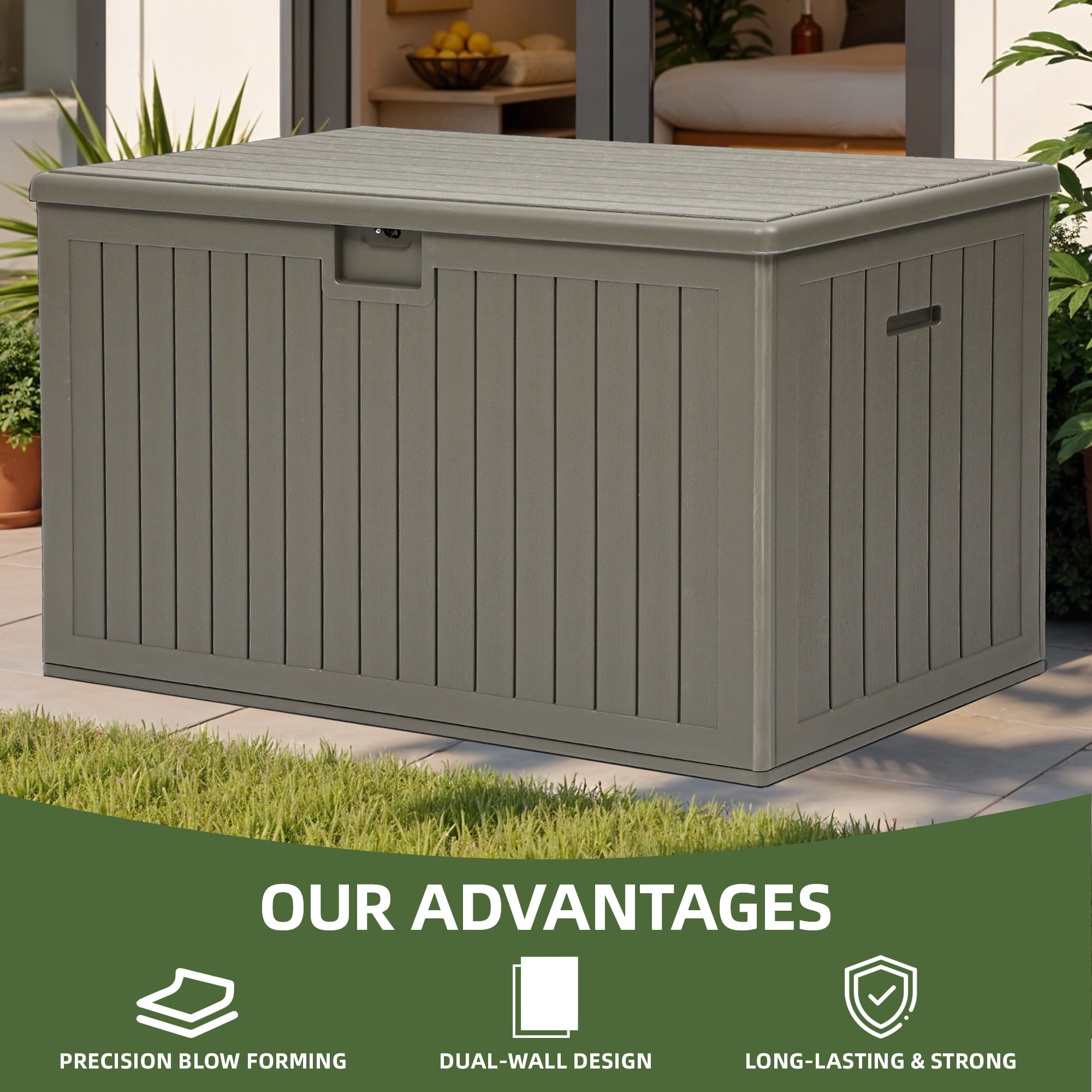 Uforic 180 Gallon Extra Large Outdoor Deck Box, Double-Wall Resin Storage Box with Flexible Divider, Lockable,‎Weatherproof,Light Brown