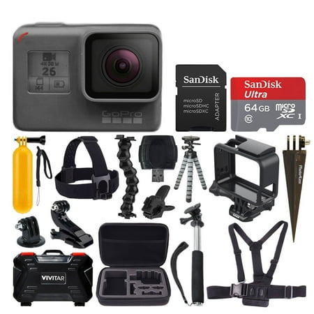 Semi Hard Camera Case - GoPro HERO6 Black Action Camera + 64GB Memory Card + Clamp Mount + Head & Chest Strap + Floating Handle + Spike Mount + Monopod + Flexible Tripod + Hard Case Medium + USB Card Reader – Top Value Kit