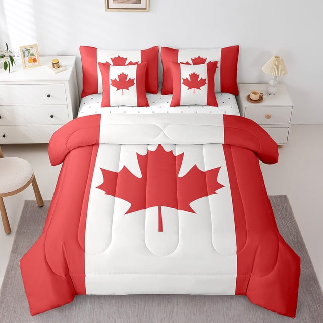 Erosebridal Canada Flag Bedding Sets Twin Size,Maple Leaf Comforter Sets with Sheets,Red Bedroom Decor,7pcs