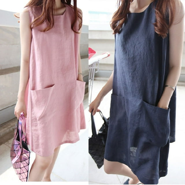 Femmes Été Coton Lin Robes Amples Casual Manches Mini-Robe Poche