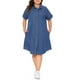 thumbnail image 5 of Vestido de mezclilla de mujer de talla grande Agnes Orinda, con cuello, manga corta, botones, dobladillo curvado, estilo casual, corte A, midi, con bolsillos, 1X azul, 5 of 8