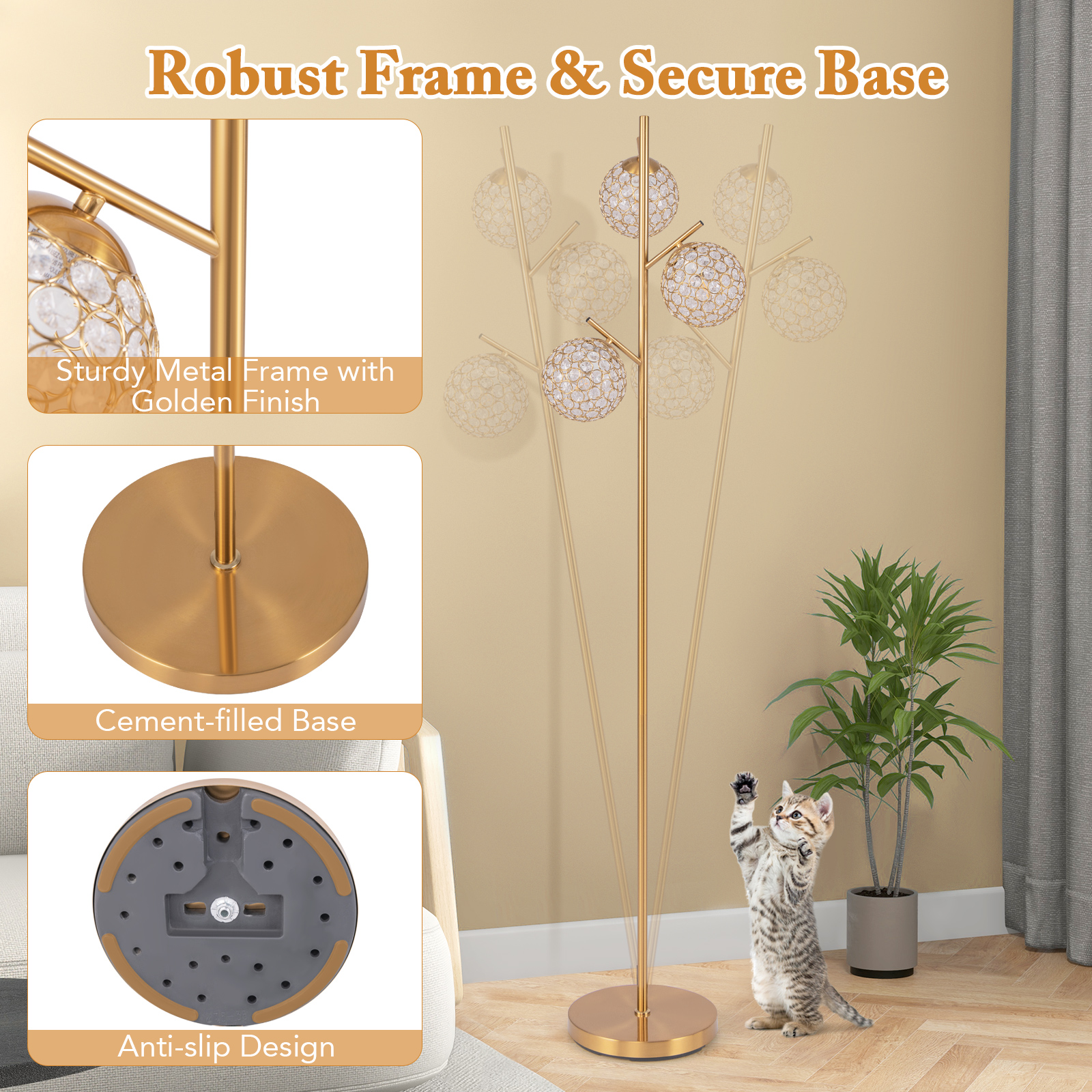Giantex 3 Globe Floor Lamp, Gold Standing Lamp w/Acrylic Crystal Lamp Shade, Accent Tall Pole Tree Lamp