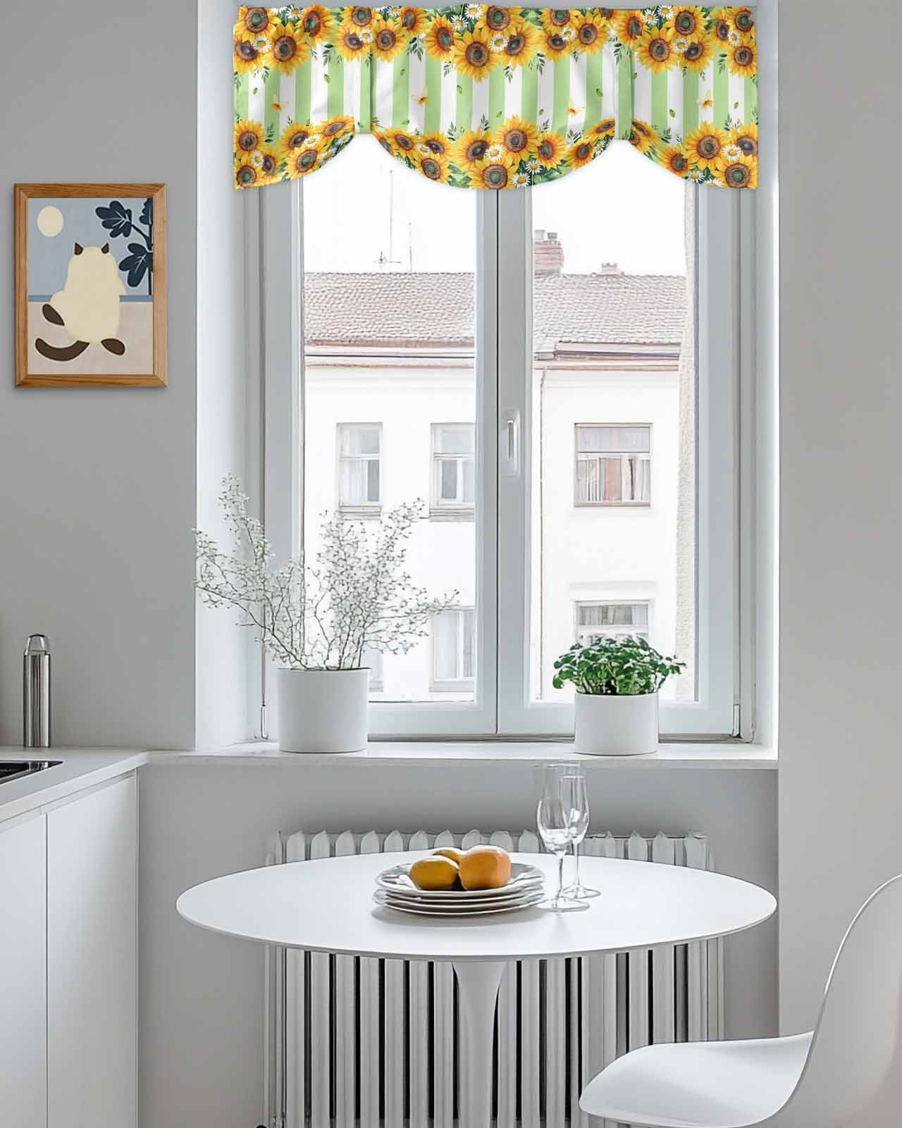 Summer Sunflower Tie Up Valances Curtain, Adjustable Kitchen Daisy Butterfly Leaf Green White Stripe Valances for Windows Decor, Rod Pocket Short Curtains Set for Bedroom/Bathroom, 54"x18"