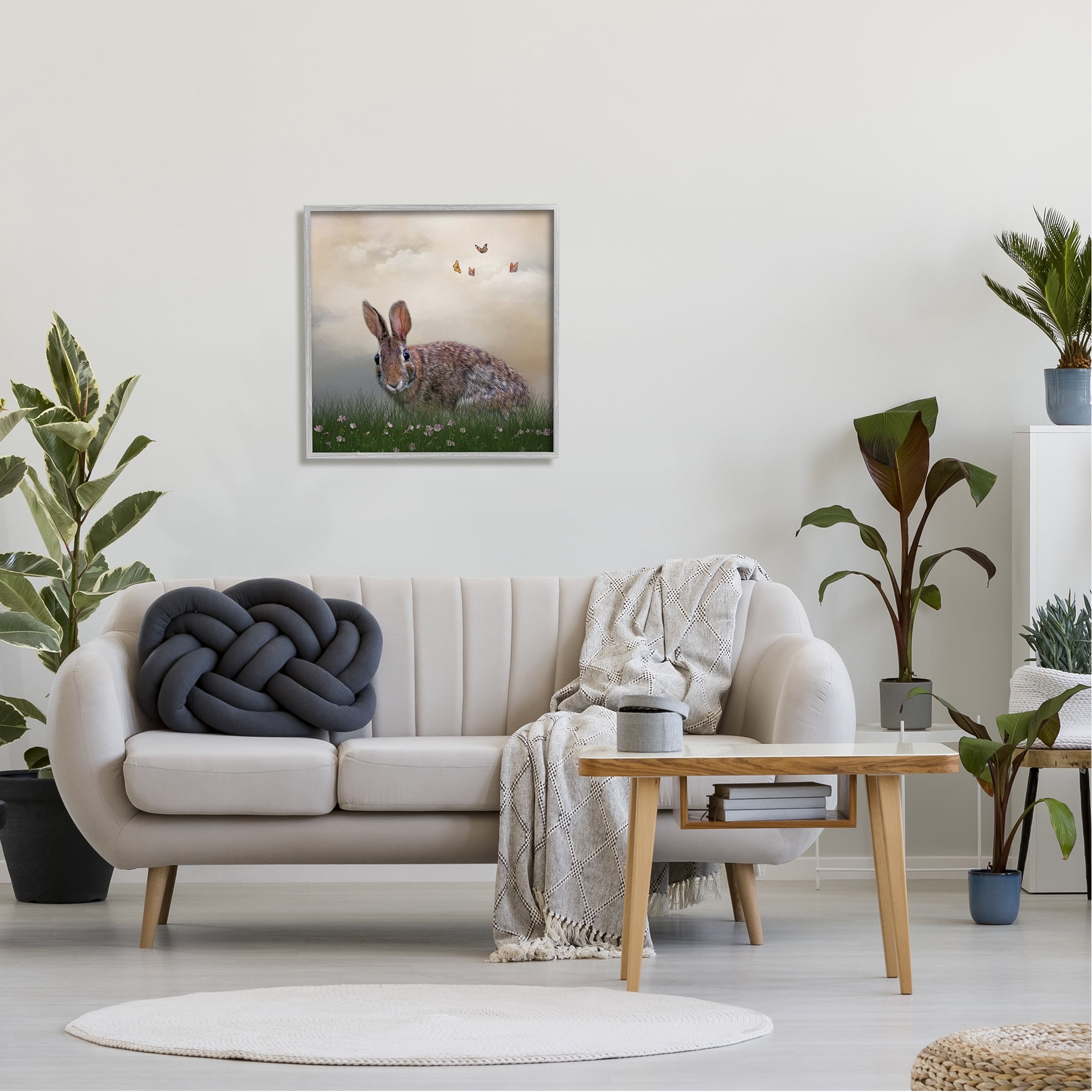 Stupell Spring Rabbit Meadow Butterflies Animals & Insects Photography Gray Framed Art Print Wall Art