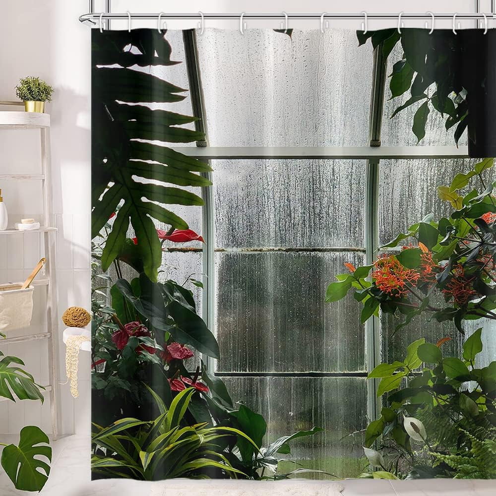 Greenhouse Flower Room Shower Curtains Spring Glass Flowers Green Plants Interior Garden Scenic Machine Washable Fabric Bathroom Curtains Set with Hooks, 72.00" x 72.00"