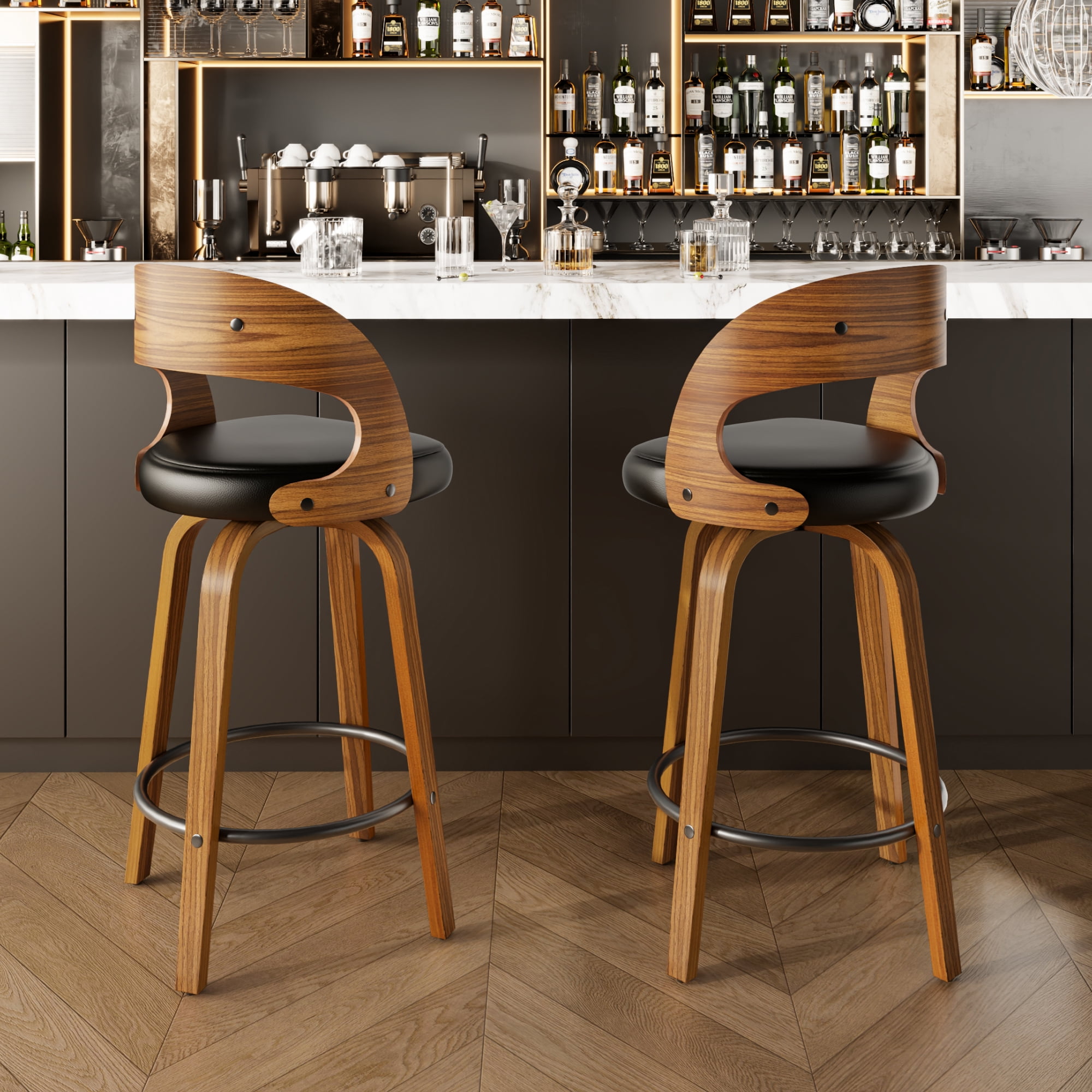 SUNCOZE Bar Stools Set of 2, 26 Inch Counter Height Modern Swivel Bar Chairs with PU Leather Upholstery and Solid Wood Legs, for Kitchen Island or Home Bar, Black
