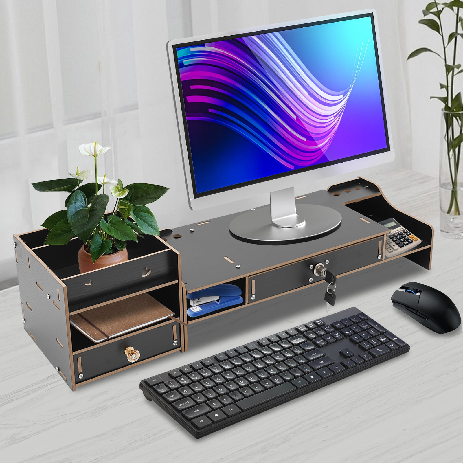 Space-Saving Monitor Riser, 18.9x7.87x4.13in Veneered MDF, 5.51-11.02lbs Load, Detachable Storage Cabinet, Perfect for Desks and Remote Workstations