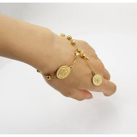 Lordluxury Cross Rosary Beads Bracelet 14k Yellow Gold Lord's Prayer Cross Bible Verse Bracelet for Men Women Christmas Wedding