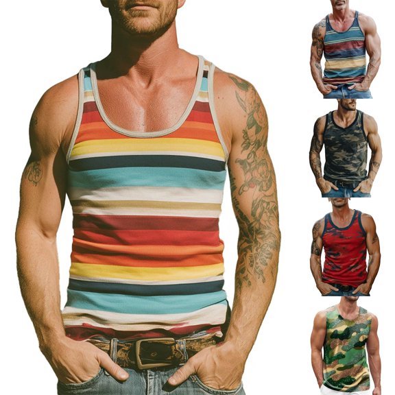 Men's Athletic Tank Top Sleeveless T-Shirt Summer Striped Vest Fitness Summer Casual Activewear Blue L