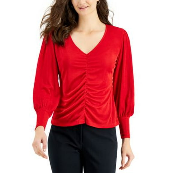 MSRP $59 Jpr Studio Ruched Blouson-Sleeve Top Red Size Medium