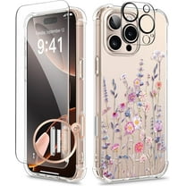 for iPhone 16 Pro Max Case with Screen Protector & Camera Lens Protector, [Military Grade Protection] Clear Shockproof Slim Floral Phone Cover for Wom