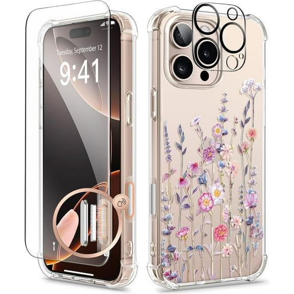 for iPhone 16 Pro Max Case with Screen Protector & Camera Lens Protector, [Military Grade Protection] Clear Shockproof Slim Floral Phone Cover for Wom