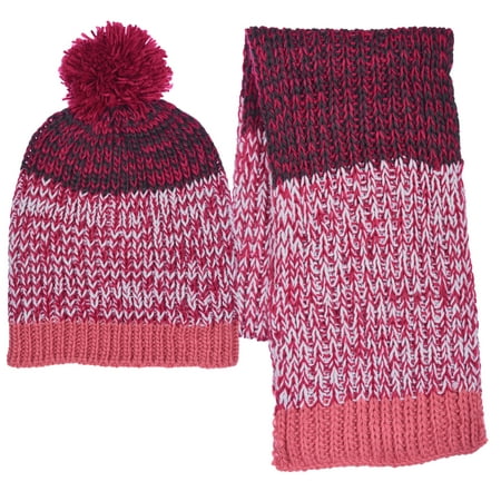 Girls Knit Beanie & Scarf Set Full Wrap Cuff & Top Pom 3 Color (Best Three Color Combinations)