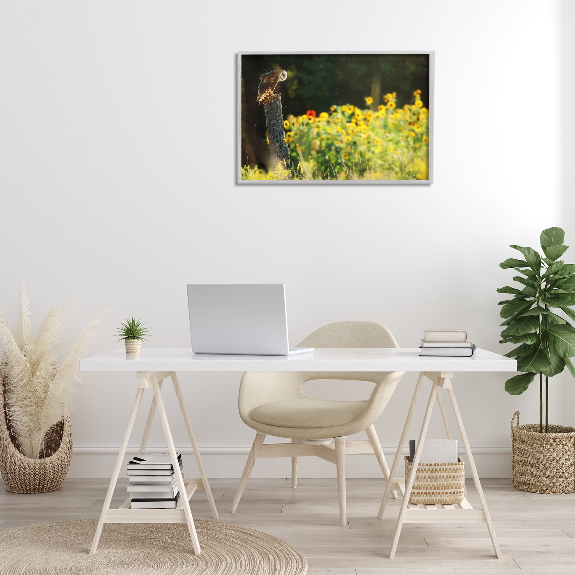 Stupell Industries Owl Perched in Meadow Landscape Photography Gray Framed Art Print Wall Art, 30 x 20