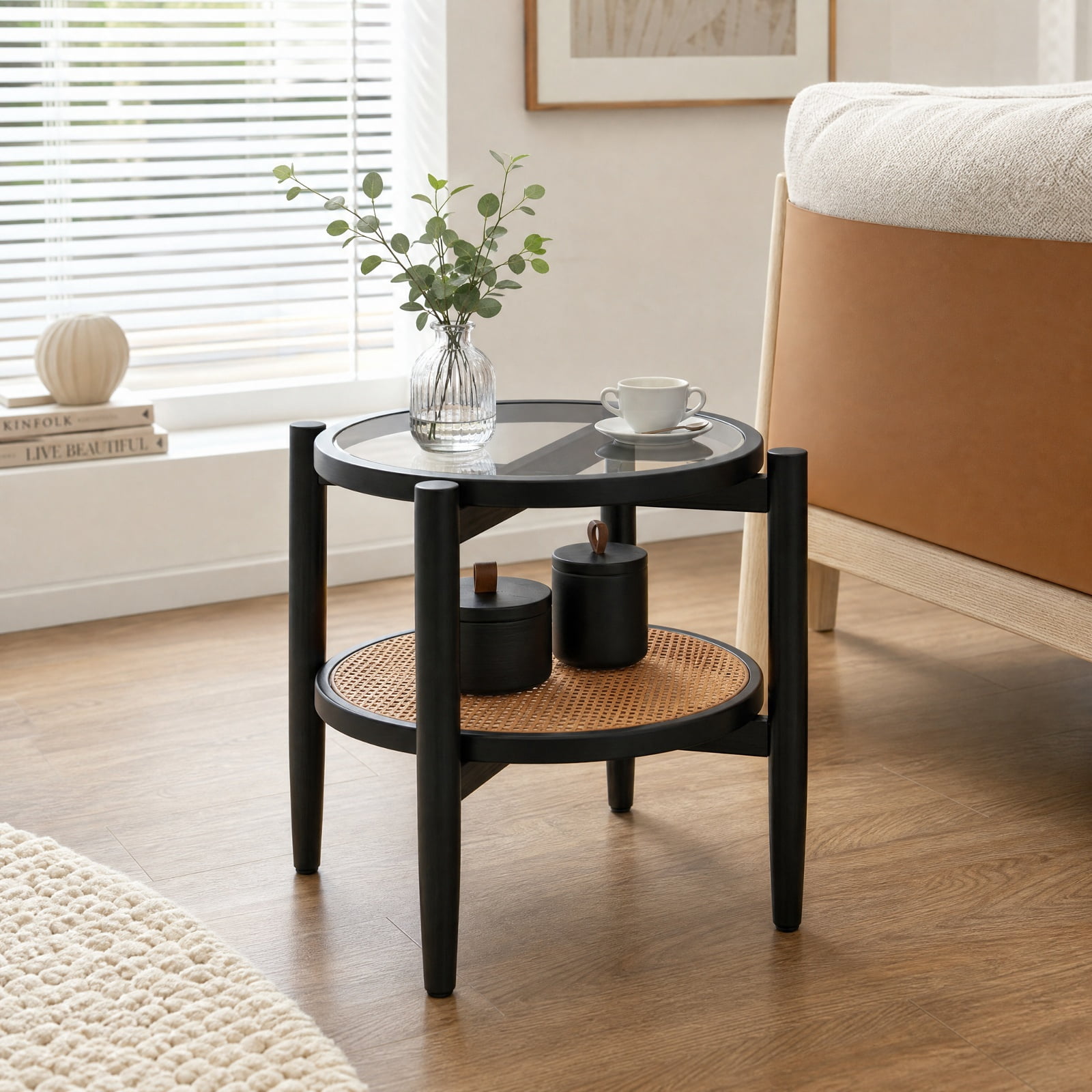 Furnibear Rattan Round Side End Table with Tempered Glass Tabletop and 2 Tier Acacia Wood Legs for Living Room Bedroom and Sofa Side, Black