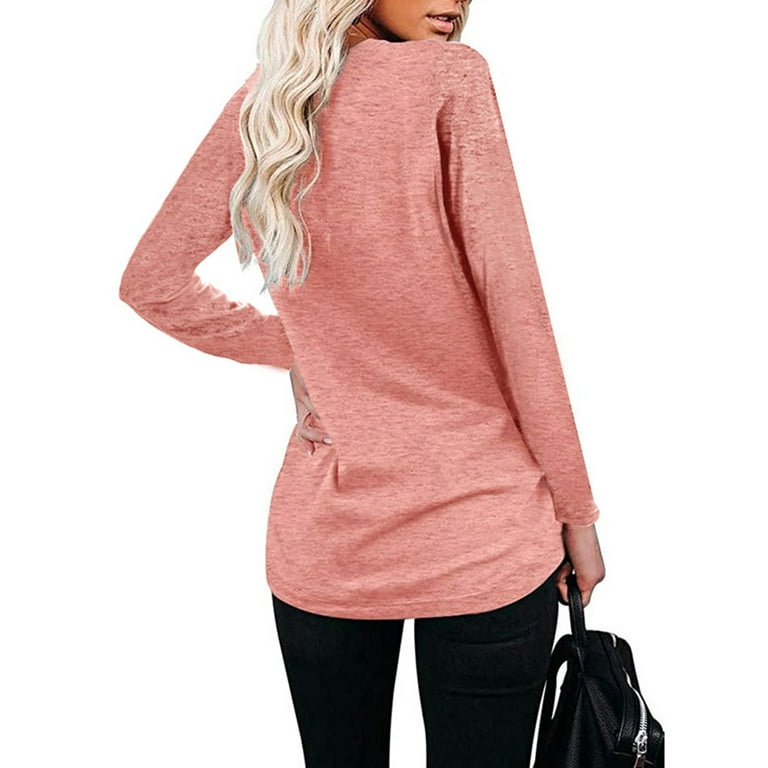 Niuer Women Breathable Solid Color Pocket T-shirts Long Sleeve Plian Tunic  Comfy Round Neck T Shirt Tops