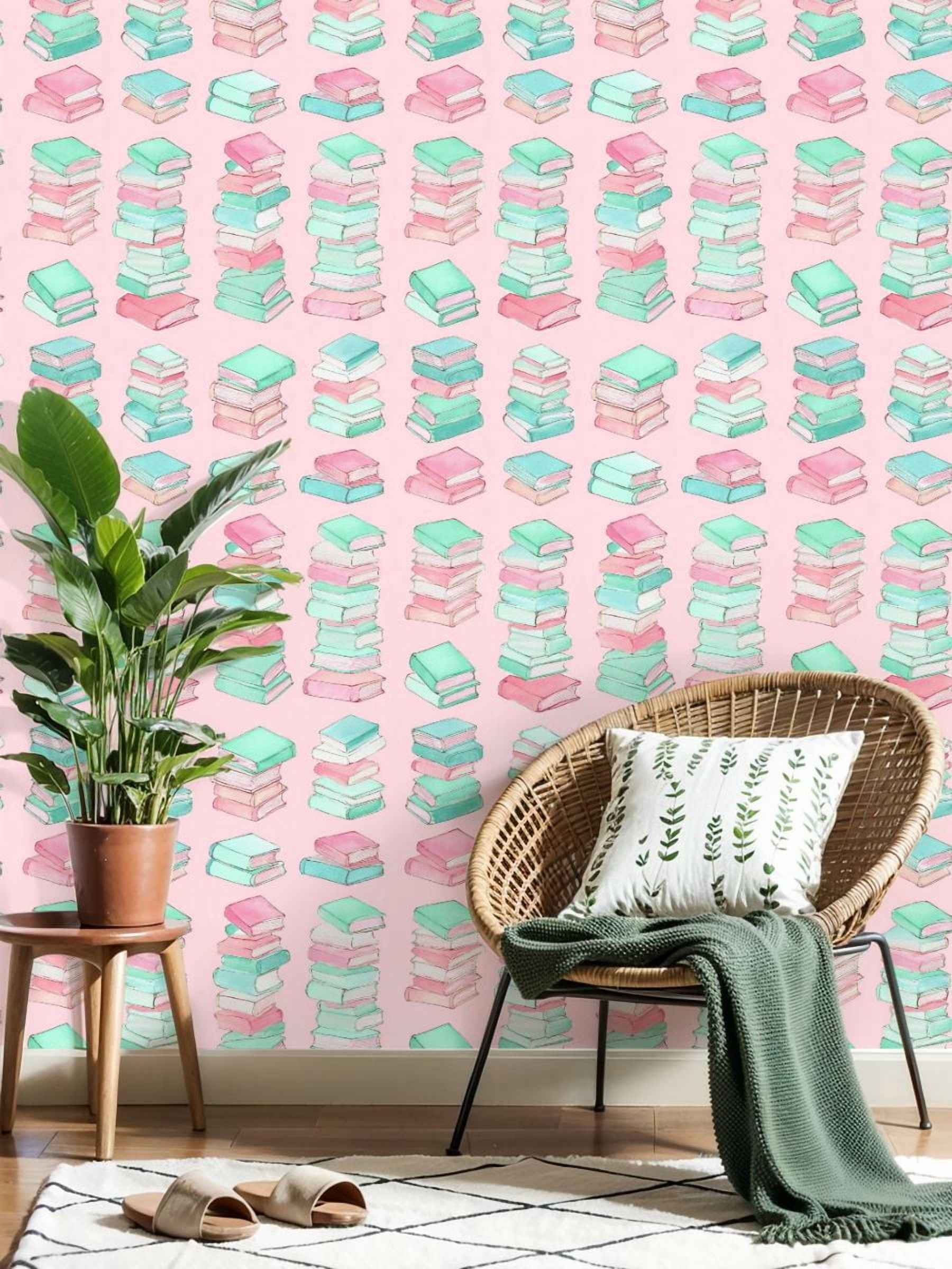 Peel and Stick Wallpaper Watercolor Stack Books Soft Pastel Colors Pink Wall Mural 17.7in x 9.8ft Self Adhesive Removable Wall Paper Renter Friendly Wallpaper for Nursery Bedroom Classroom