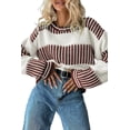 thumbnail image 2 of Women's Brown Two Tone Striped Drop Shoulder Sweater – Cozy Casual Autumn Wear [ZhiHiMeRi] | L, 2 of 7