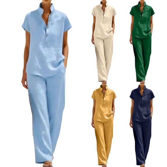 Idoravan womens 2 piece sets casual sets Women Linen Two Piece Set Short Sleeve Stand Collar Shirt And Wide Leg Pants Casual Summer Outfit