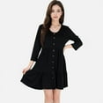 thumbnail image 4 of Women's V-Neck Button-Front Babydoll Dress with 3/4 Sleeves and Tiered Ruffle Hem - Large, Black, 4 of 7
