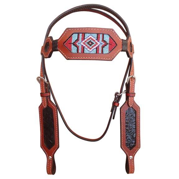 Hilason Western Horse Headstall Bridle American Leather Brown Beaded Crocodile