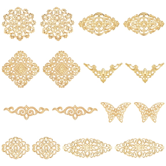 1box 1 box 80pcs 8 styles golden Filigree Connectors Metal Filigree Pieces Iron Flower Embellishments Hollow Charm for Jewellery Making Charms Begginners Adult DIY Craft Home Decoration Accessories