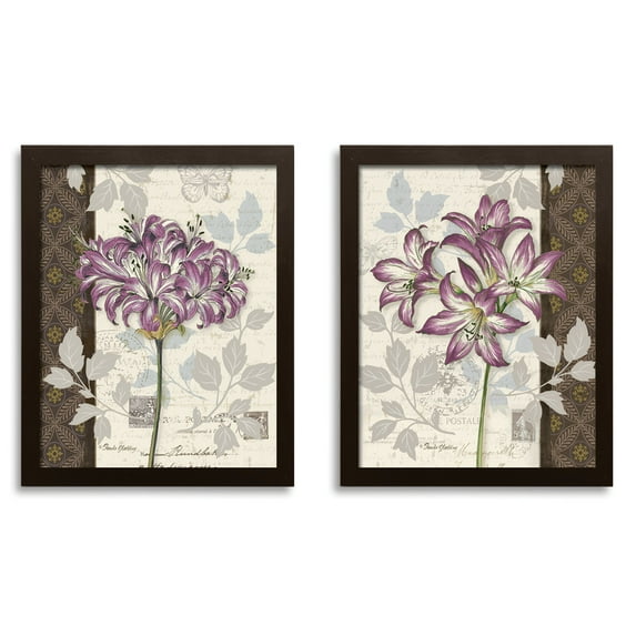 Beautiful Vintage Purple French Postcard Floral Prints; Two 11x14in Brown Framed Prints Ready to hang!
