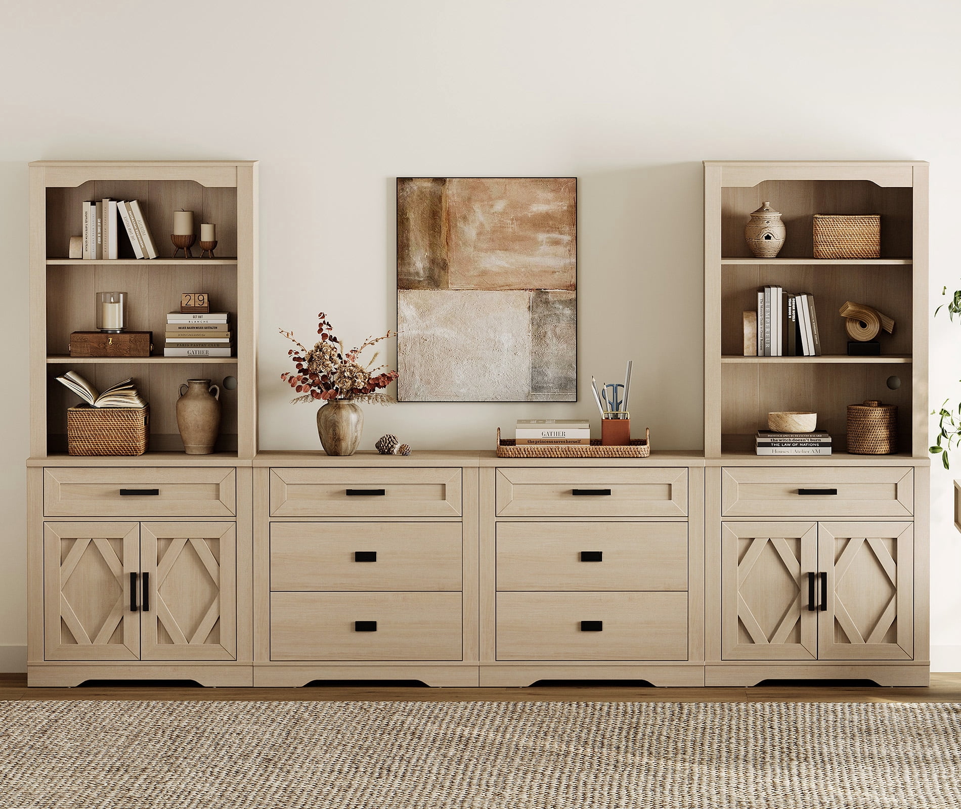 WAMPAT Farmhouse Entertainment Center with Bookshelf for TVs up to 75",Mid Century Modern TV Stand with 73"H Tall 5-Tier Bookcase with Open Storage and Barn Doors for Living Room,Bedroom,Beige