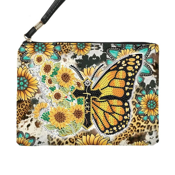Diamond Painting Kit Bag, Sunflower Butterfly 5D DIY Special Diamond-Shaped Cosmetic Pouch, Storage Wallet