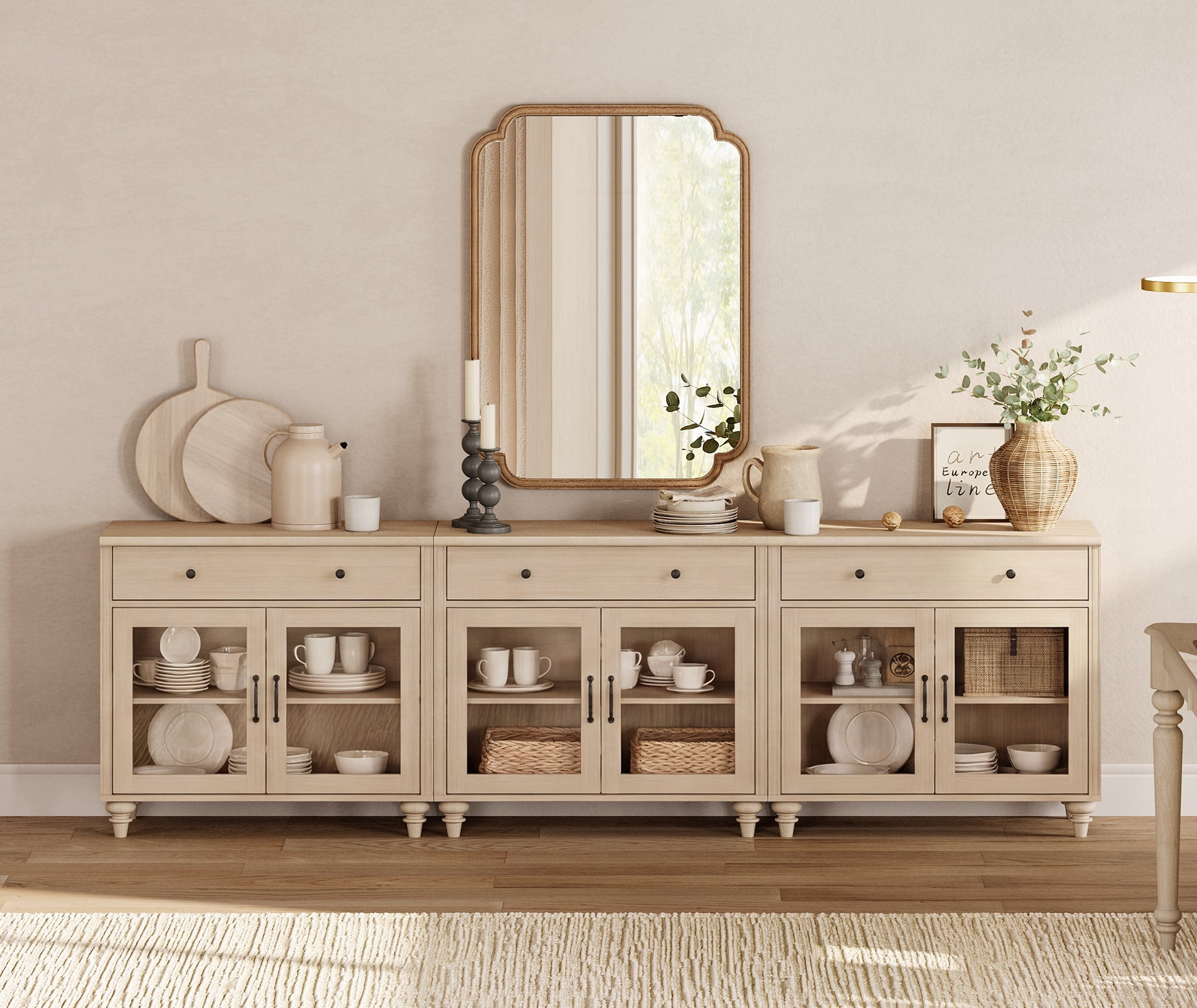 101" Beige Glass Door Buffet Cabinet with Drawer, Farmhouse Sideboard with Storage