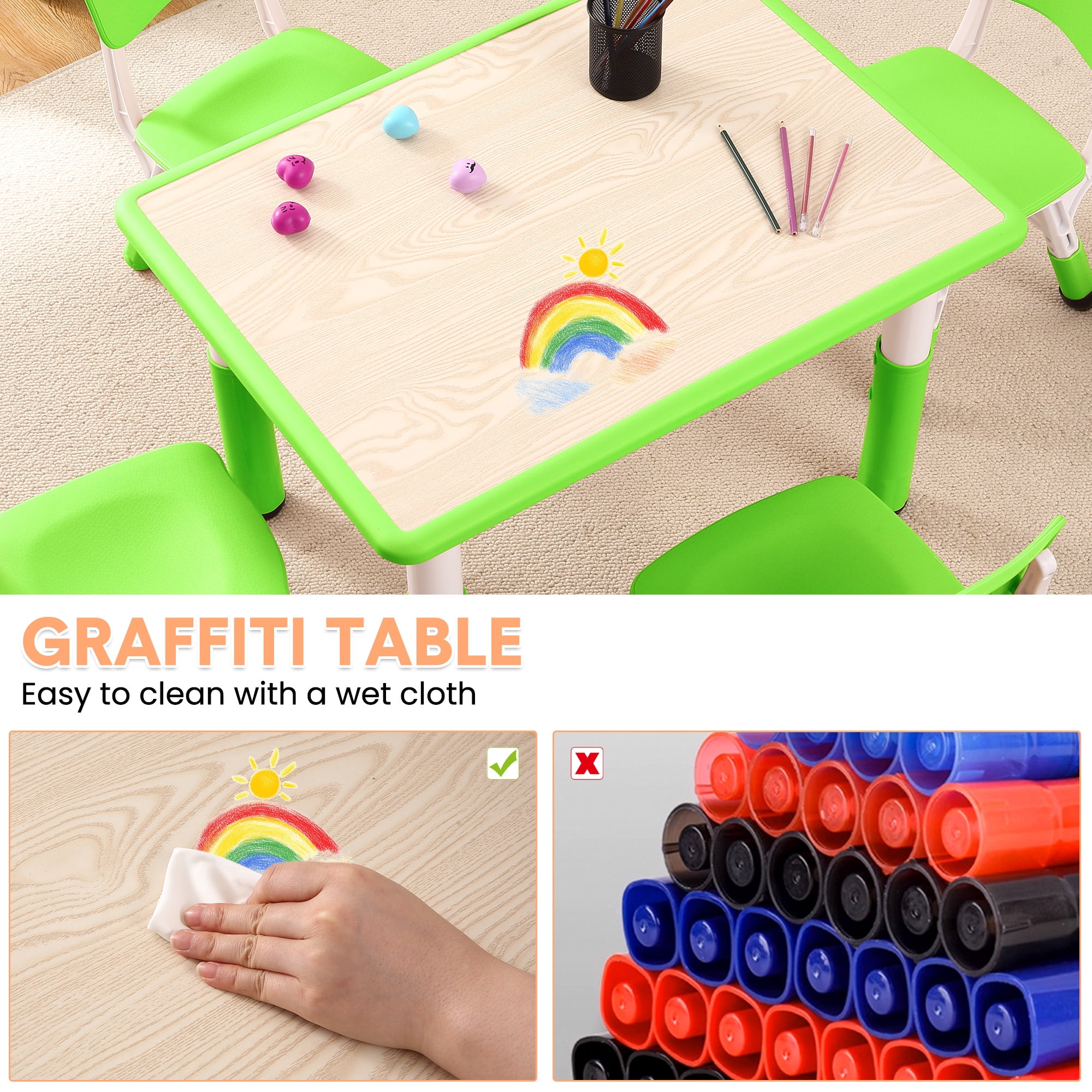 Kids Table and 4 Chair Set,Height Adjustable Toddler Arts & Crafts Table and Chair Set for Ages 2-10,Max 300lbs Kids Activity Art Table for Classroom Daycares,Home