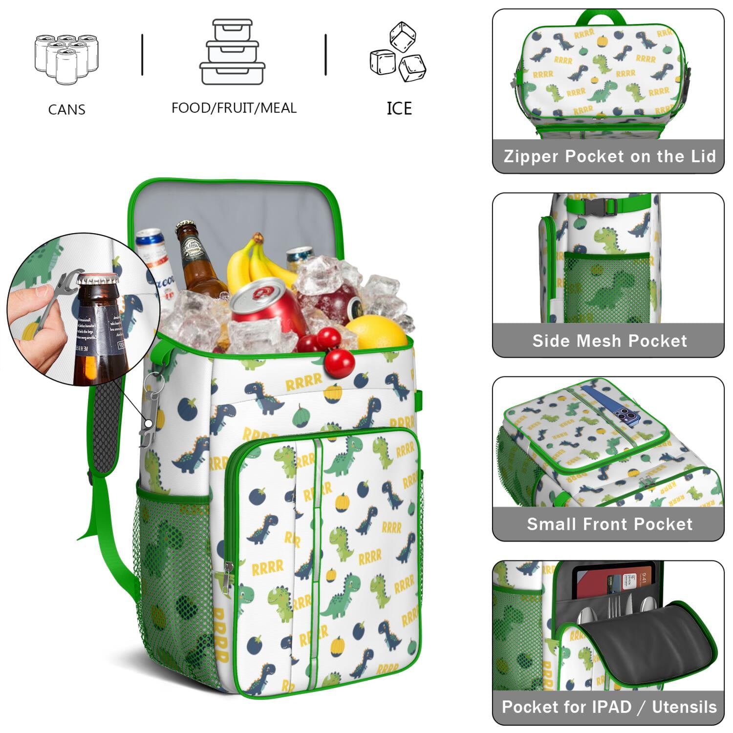 Travel Cooler Bag - White Cartoon Dinosaurs Pumpkins Pattern Camping Beer Cooler Backpack with Bottle Opener- Waterproof Insulated Picnic Backpacks - Cooler Bag for Beach