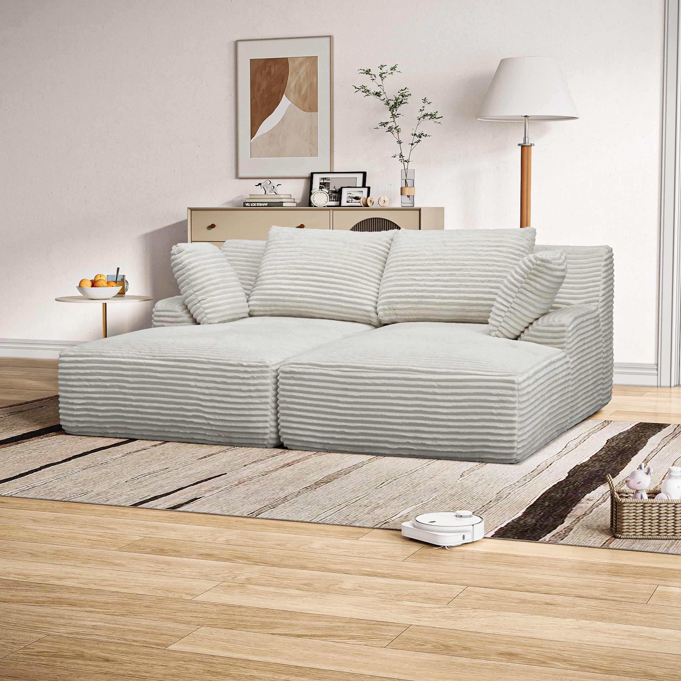 Noble House Elley 77.8" Oversized Double Chaise Lounge, Cloud Plush Corduroy Sleeper Chair with Pocket Springs, Beige