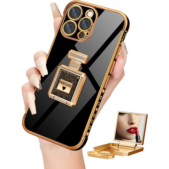For iPhone14 Pro Max Case with Metal Perfume Bottle Mirror Stand, Cute Women Girly Heart Cases for 14 Pro Max Case, Elegant Luxury Phone Cover for iPhone14 Pro Max Case 6.7'' Black
