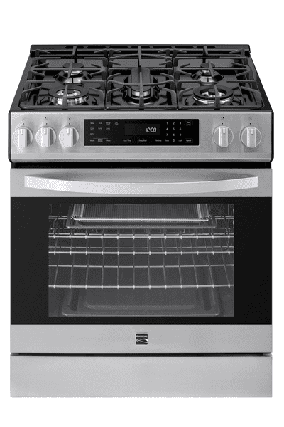 Kenmore 5.6 cu. ft. Front-Control 5 Burner True Convection Gas Range (240V) with Oven, Large Window, Three Oven Racks, Dishwasher Safe Cast Iron Grates