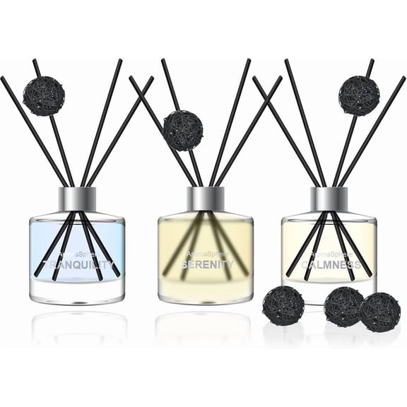 Reed Diffuser Set of 3 | Aromatherapy Fragrance Oil | 12 Sticks and 6 Rattan Balls, 3 x 50ML | Home, Office, Bathroom, Bedroom Essentials (Eucalyptus, Jasmine, Lemongrass, Sky Blue)