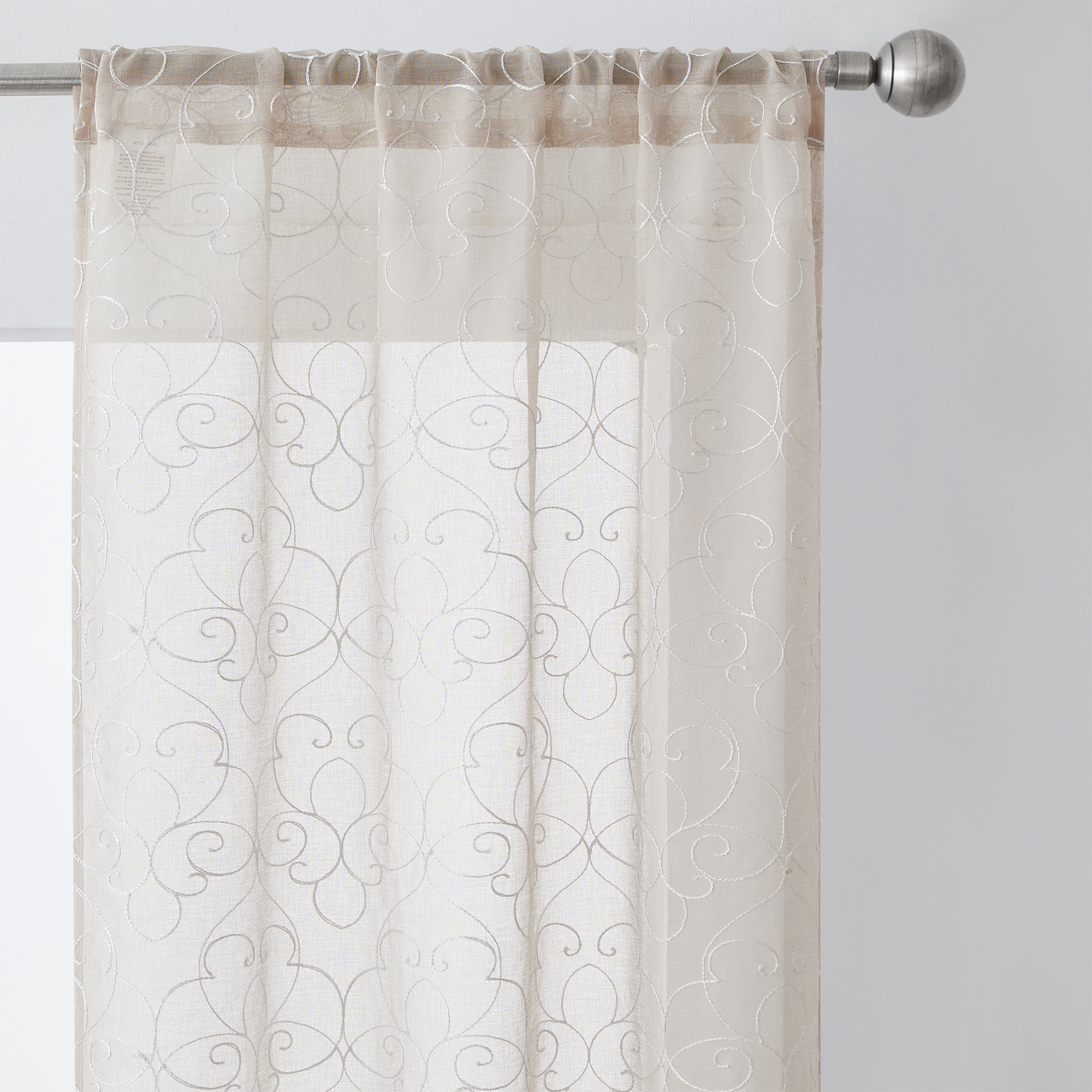 Mainstays Modern Scroll Rod Pocket Sheer Curtains, Set of 4, Beige, 28" W x 63" L