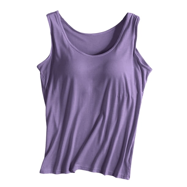 Camiseta deportiva sin mangas de color liso para yoga para mujer: almohadilla en el pecho, sin aros, tirantes anchos, camiseta sin mangas informal, cuello redondo, ropa de verano