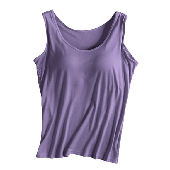 Camiseta deportiva sin mangas de color liso para yoga para mujer: almohadilla en el pecho, sin aros, tirantes anchos, camiseta sin mangas informal, cuello redondo, ropa de verano