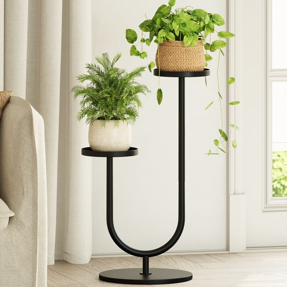 Bamworld Tall Plant Stand Indoor Outdoor, Corner Metal Plant Shelf, 2 Potted Flower Pot Holder for Patio Garden Balcony Living Room Bedroom（Black）
