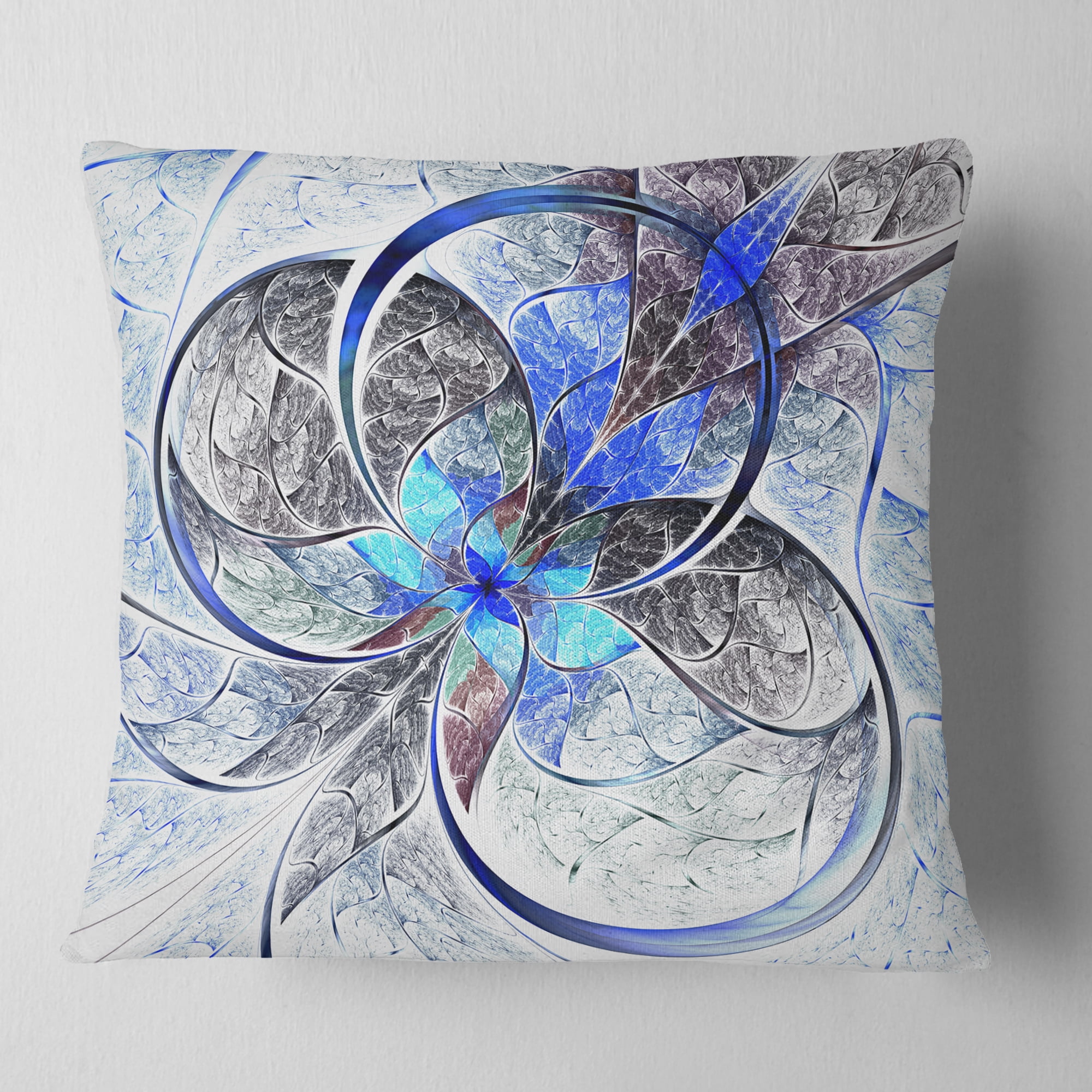 Designart Symmetrical Blue Fractal Flower - Abstract Throw Pillow - 16x16