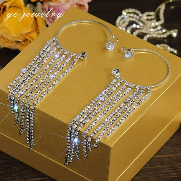 Fiudx Pendientes Largos con Borlas y Diamantes Brillantes para Mujer, Sin Perforaciones, 1 Par
