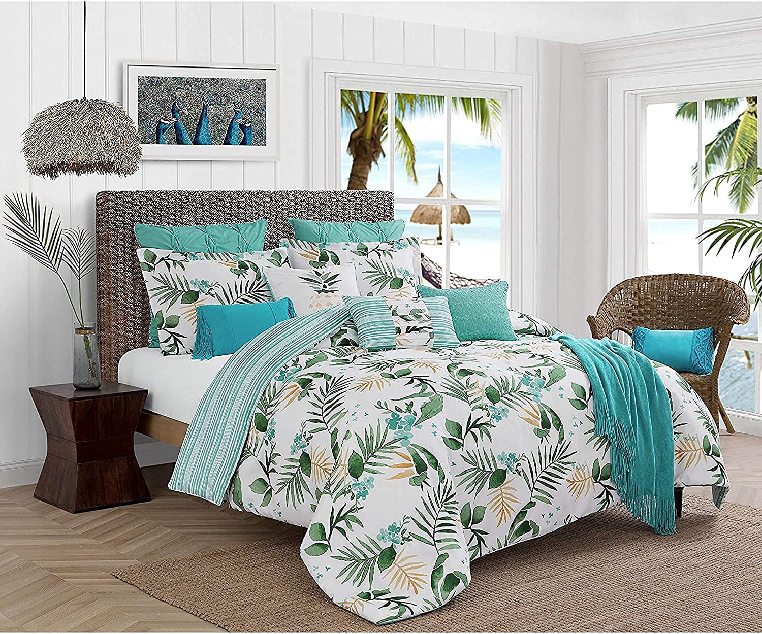 4-Piece Reversible Comforter Set Tropical Pattern King Size Nassau Palm Leaves