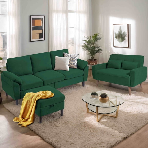 Pingliang Home Sectional Sofa Furniture Set, L Shaped Couch with Storage Ottoman & Loveseat with 2 Throw Pillows, Modern Linen 3 Seat Sofa and 2 Seat Couch for Living Room Apartment Office Studio