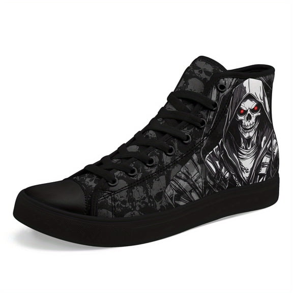 Coolcustomize Women's High-top Gothic Skull Punk Fashionable Sneakers, Unisex Gothic Flame Shoes for Streetwear, Rock Festivals, Punk Skull Print Unisex Lace-Up Casual Shoes, Breathable Fabric Boots