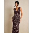 thumbnail image 3 of Brown Ditsy Floral Lace V-Neck Sleeveless Fitted Mermaid Hem Maxi Dress, 3 of 8