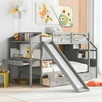 Bellemave Bunk Bed with Desk and Stairs, Twin over Twin Bunk Beds with Slide and Drawers, Wood Stairway Bunk Bed Frame with Storage Shelves, Twin Szie Bunk Bed for Teens Adults (Gray)