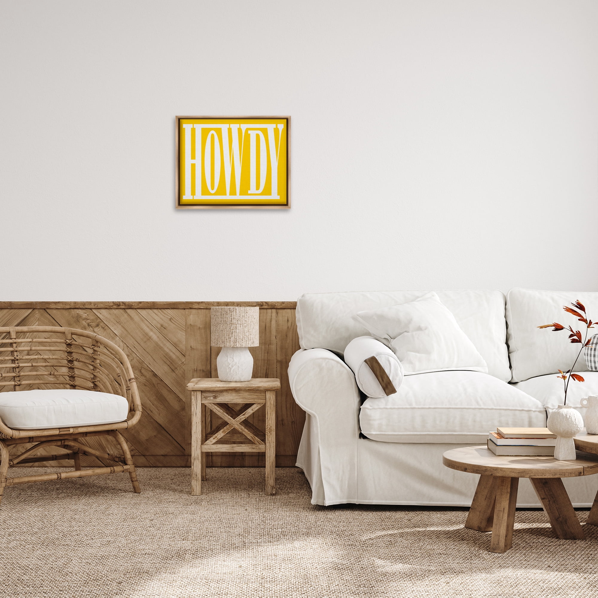 Stupell Industries Howdy Phrase on Yellow Typography Painting Brown Floater Framed Canvas Art Print Wall Art, 21 x 17