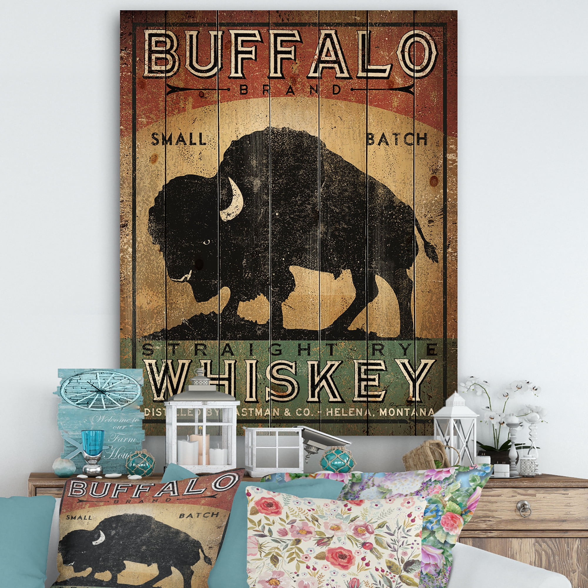 Designart 'Vintage Buffalo Whiskey' Wildlife Print on Natural Pine Wood